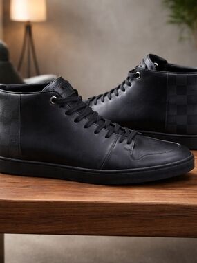 Louis Vuitton Line Up Sneakers Damier Black Leather 8.5 LV or 9.5 US 42.5 EUR *